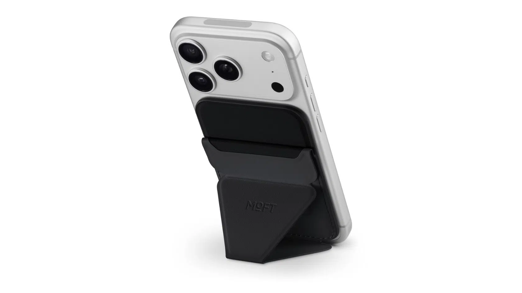 moft findmy magsafe wallet stand holding cards while supporting iphones in portrait and landscape positions