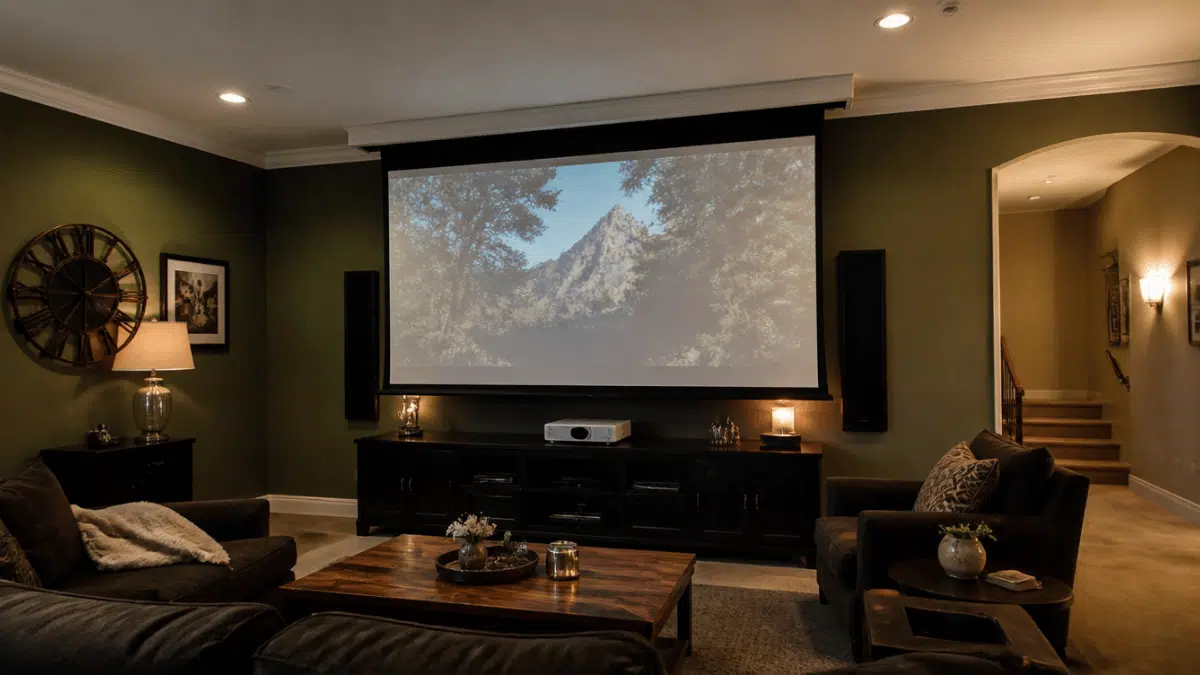 motorized projector screen lowered from the ceiling in a living room with home entertainment setup