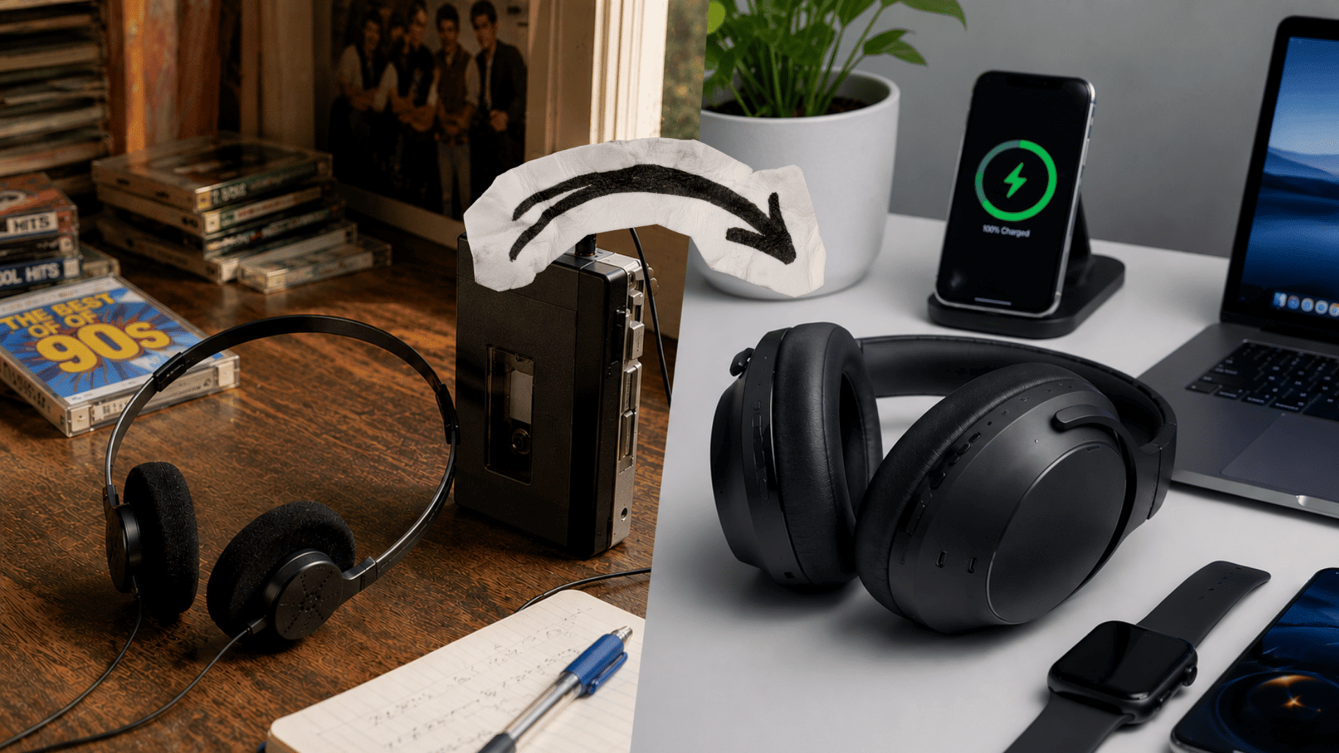 old and modern headphones shown side by side comparing 1990s audio gear with today's wireless technology