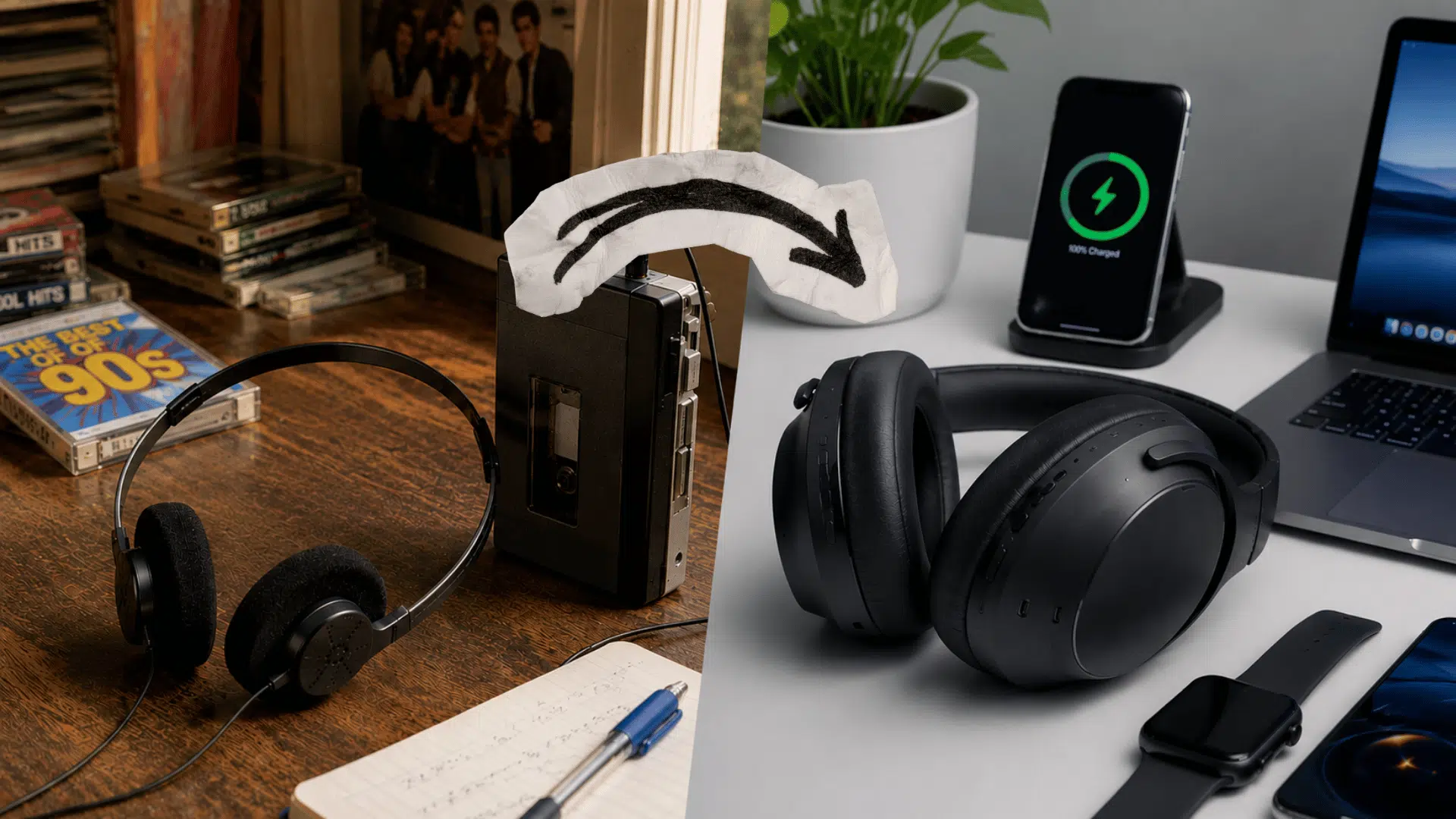 old and modern headphones shown side by side comparing 1990s audio gear with today's wireless technology