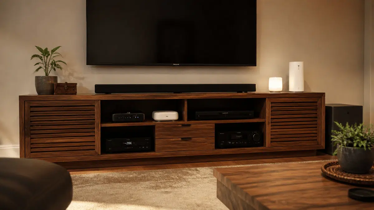 organized media console with smart devices routers and proper ventilation in a realistic living room setup
