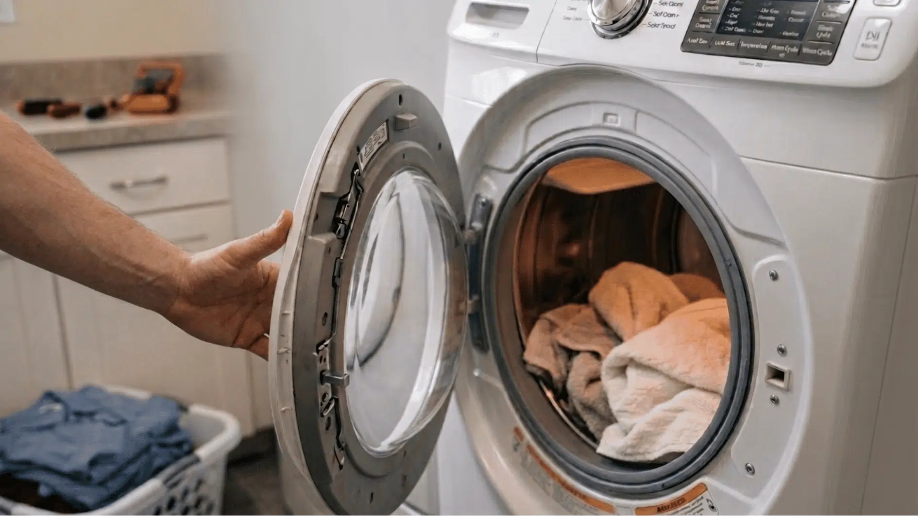 person running a test cycle of the samsung dryer after fixing the machine