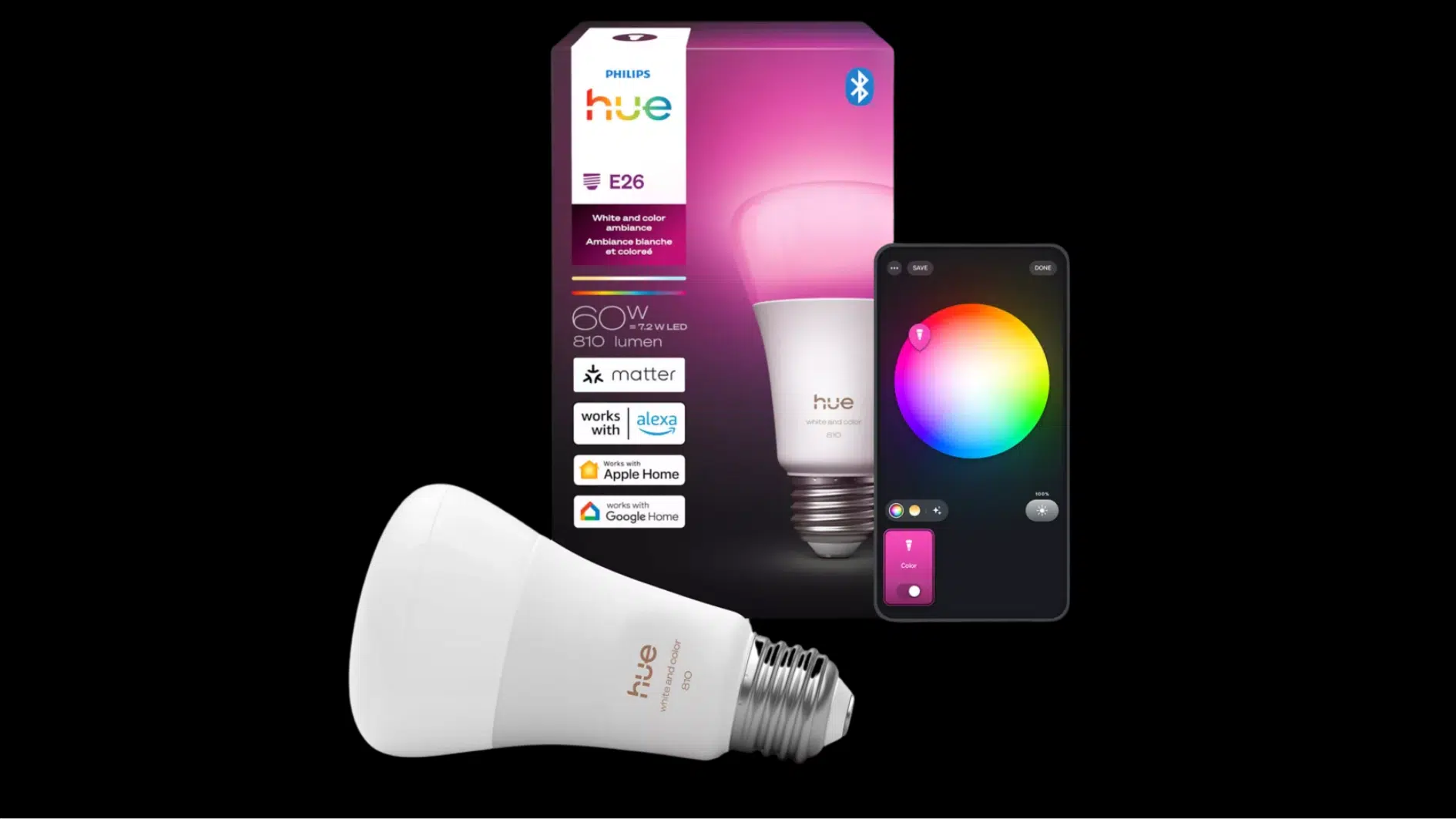 philips hue e26 smart color bulb with retail box, phone app controls, and voice assistant compatibility shown