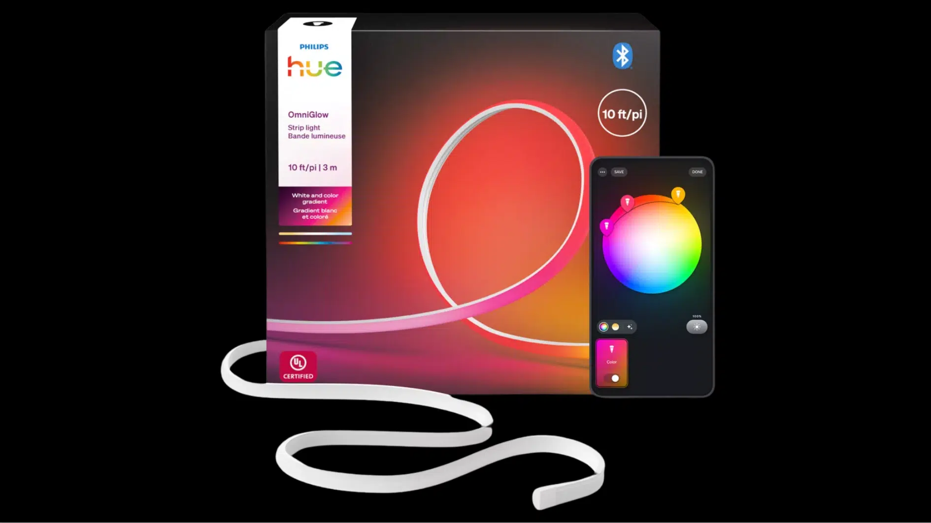 philips hue omniglow smart strip light box with flexible white led strip and smartphone color controls shown