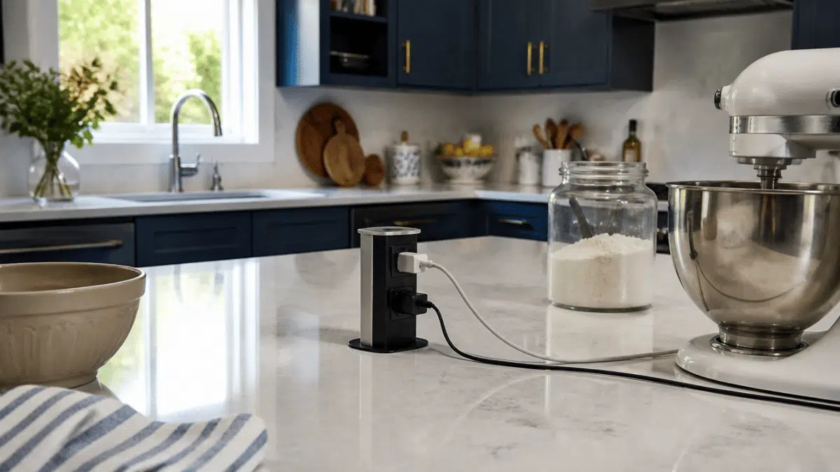 pop up kitchen outlet rising from countertop island with realistic appliances and kitchen decor details
