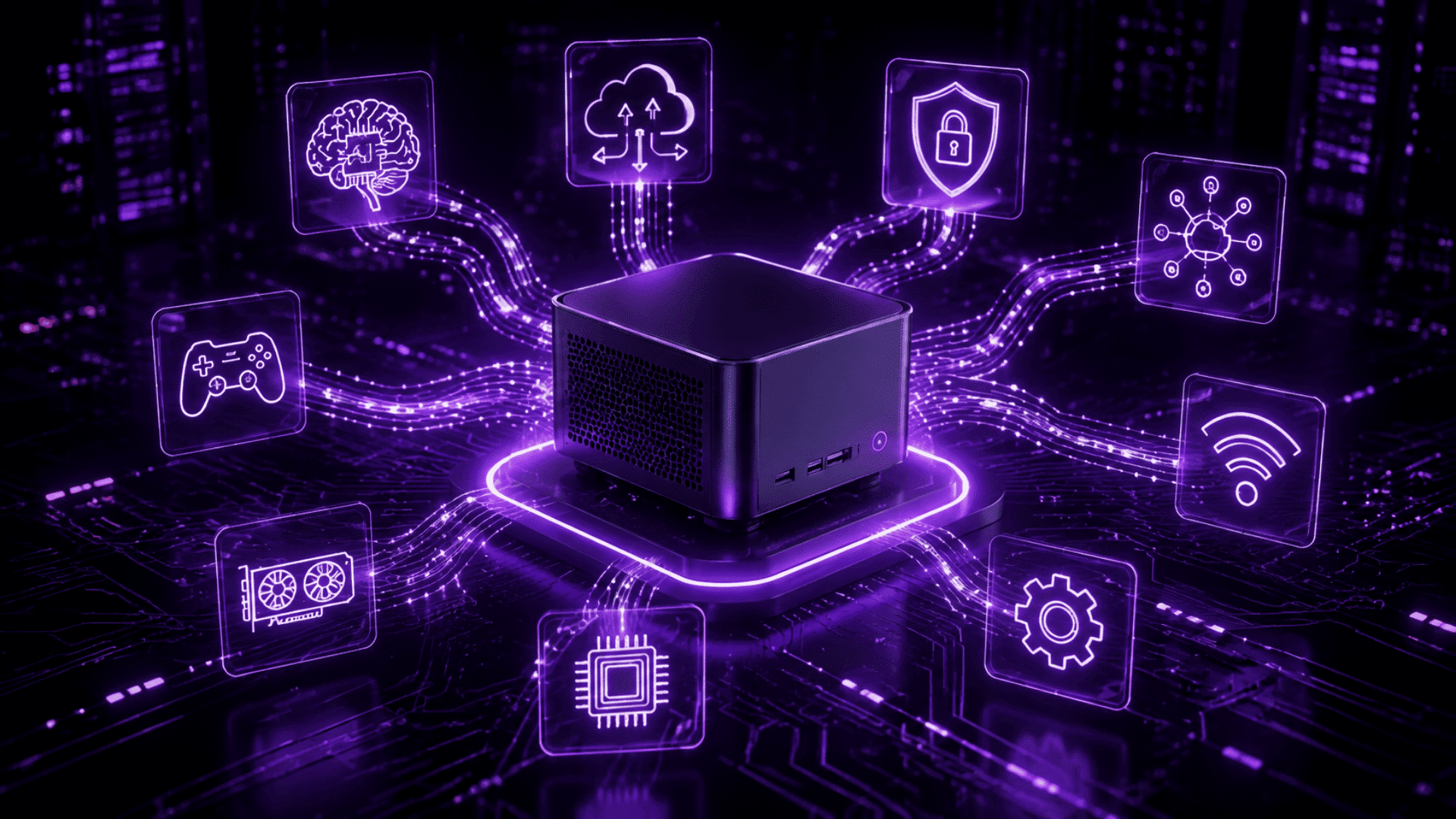 purple futuristic mini pc at center connected to glowing tech icons representing ai cloud security and gaming