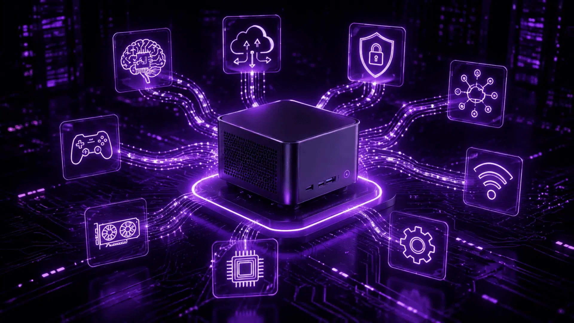 purple futuristic mini pc at center connected to glowing tech icons representing ai cloud security and gaming