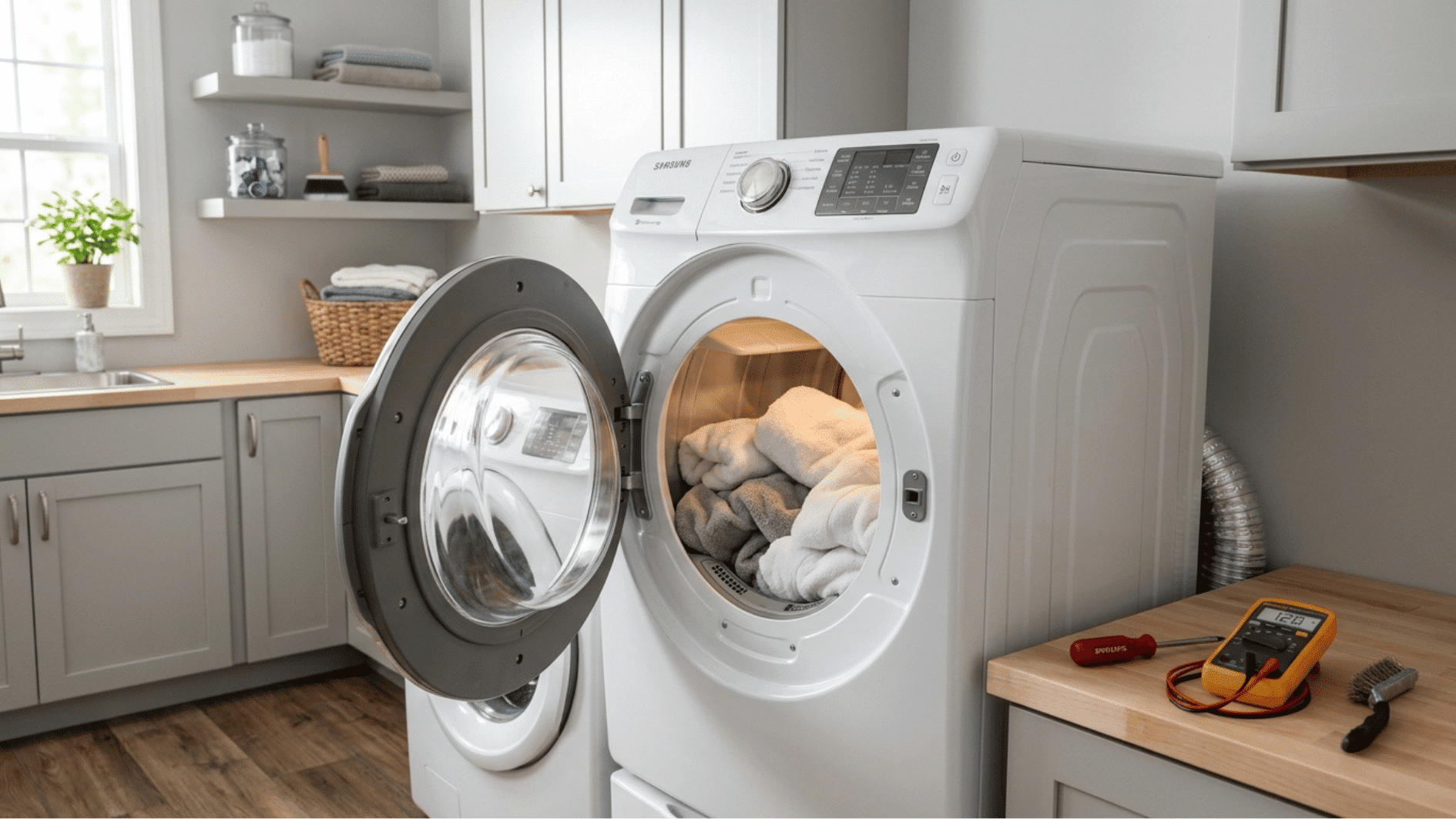 samsung dryer in laundry room with tools showing heating troubleshooting and repair setup without person