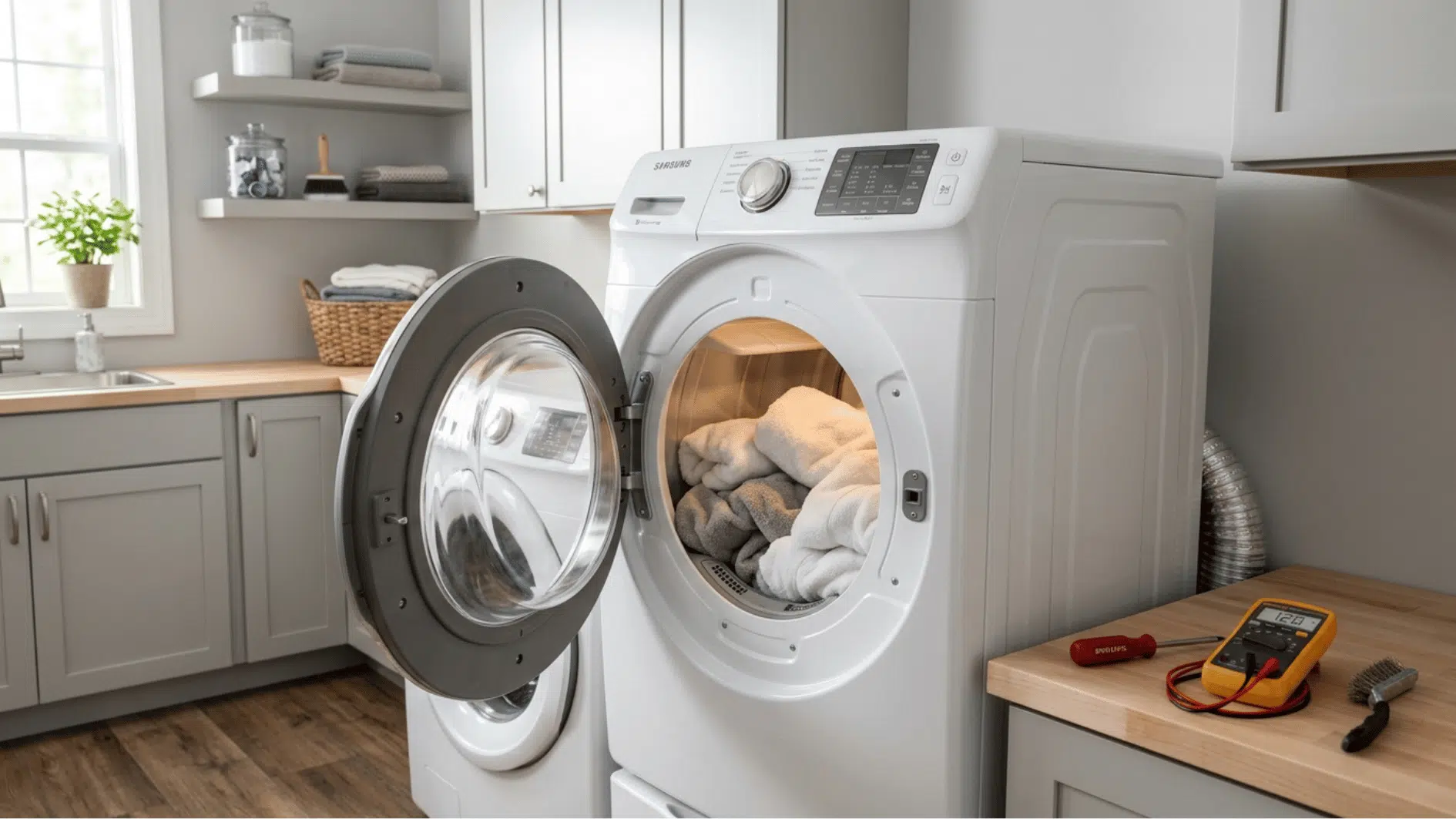 samsung dryer in laundry room with tools showing heating troubleshooting and repair setup without person