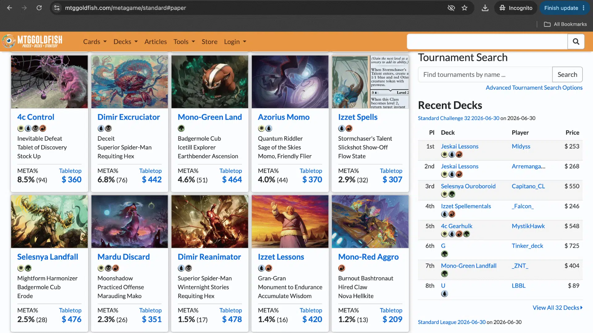 screenshot of mtggoldfish page showing mtg final fantasy card list prices deck data and set information for spoiler research