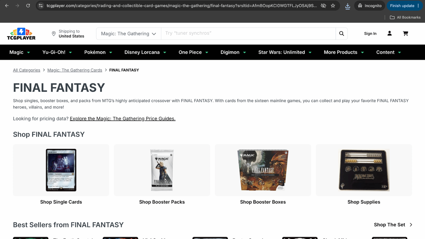 screenshot of tcgplayer page showing mtg final fantasy card listings prices versions foils and marketplace details