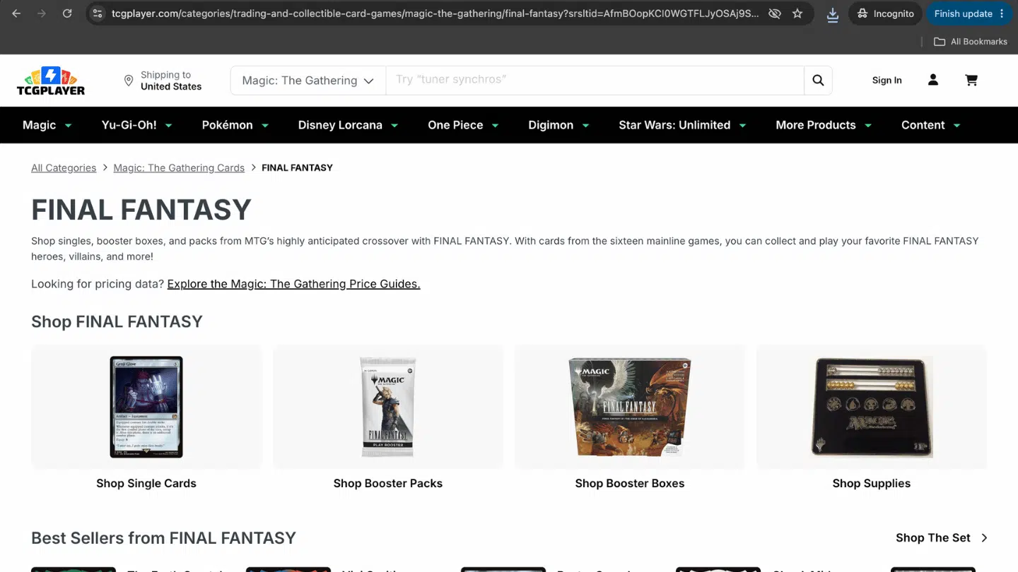 screenshot of tcgplayer page showing mtg final fantasy card listings prices versions foils and marketplace details