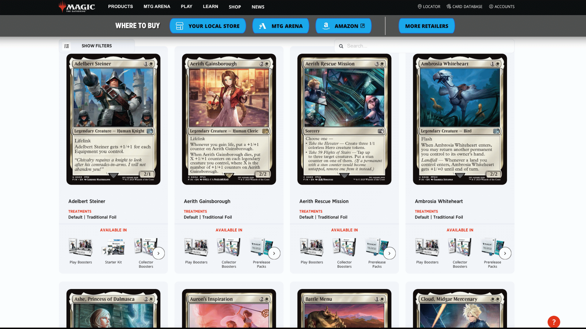 screenshot of the wizards magic card gallery showing mtg final fantasy card previews and set search options