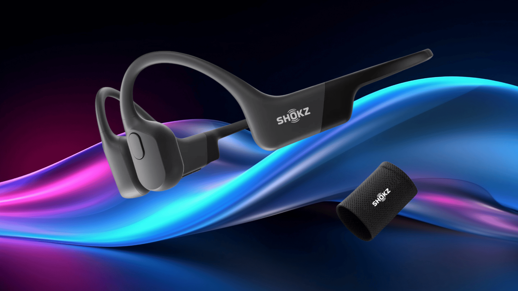 shokz bone conduction headphones with open ear design on colorful background