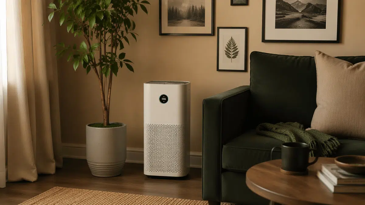 smart air purifier placed in a living room corner with beautiful decor and home interior details