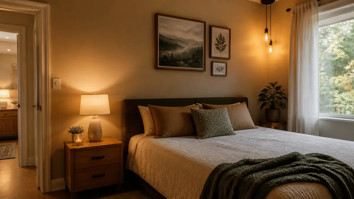 smart bulbs creating adjustable lighting in a bedroom with warm decor and realistic home details