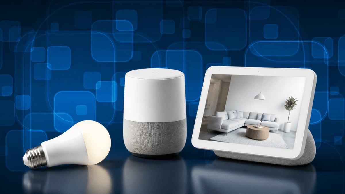 smart home devices arranged on a blue abstract technology background for a decoradtech concept