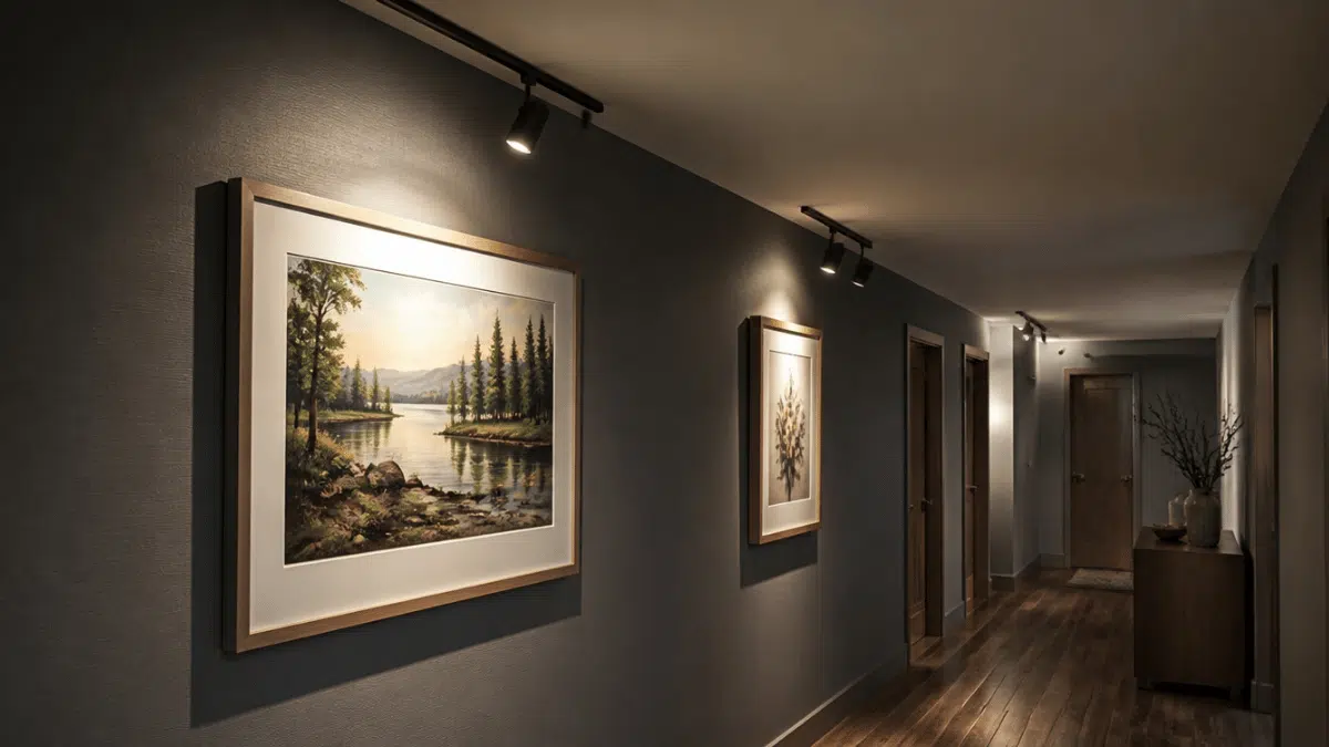smart lighting tracks highlighting framed artwork in a hallway with realistic home interior details