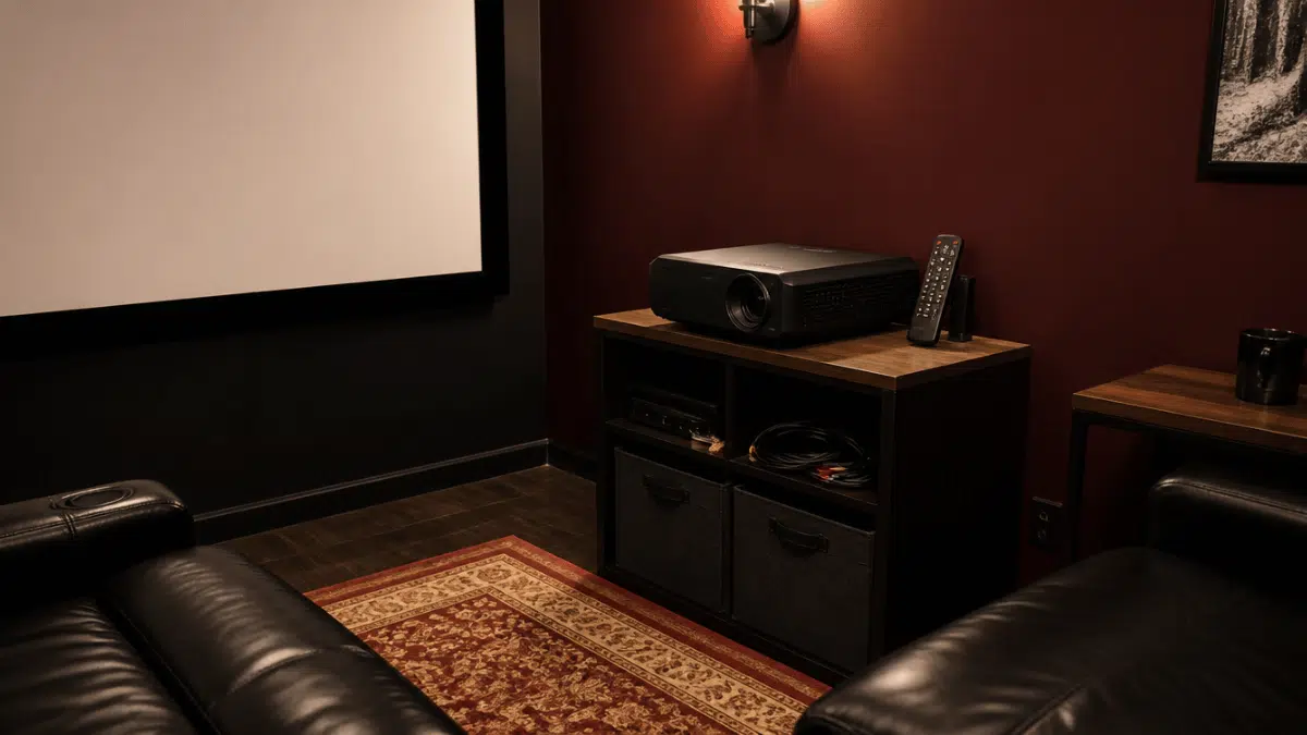 smart projector storage cabinet with organized equipment in a home theater room
