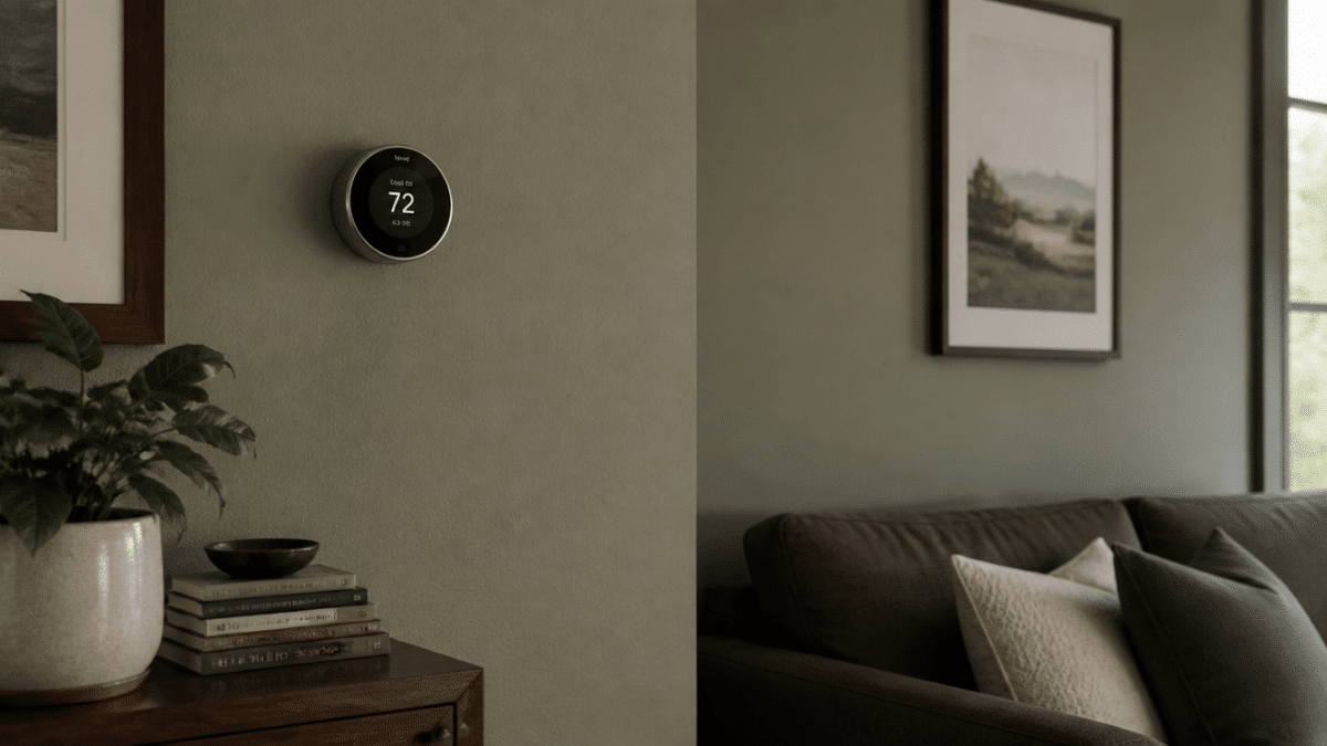 smart thermostat mounted on living room wall with decor and realistic home interior details