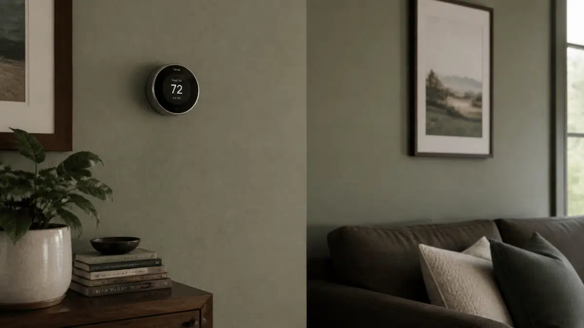 smart thermostat mounted on living room wall with decor and realistic home interior details