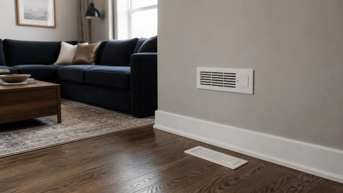 smart vent registers installed in a living room with realistic flooring and home interior details