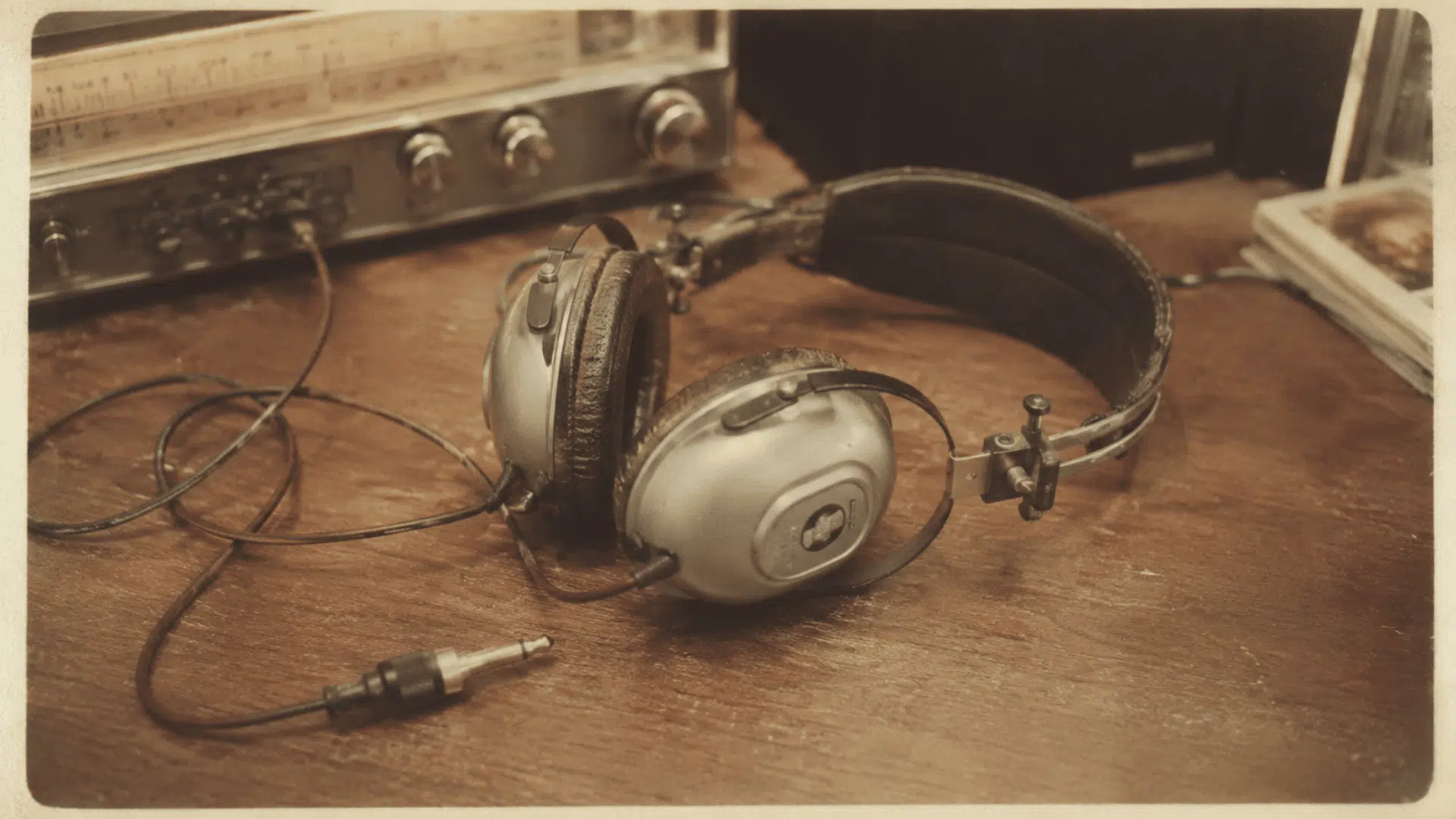 stereo headphones from the 1960s beside a vintage receiver in a faded archival-style photograph