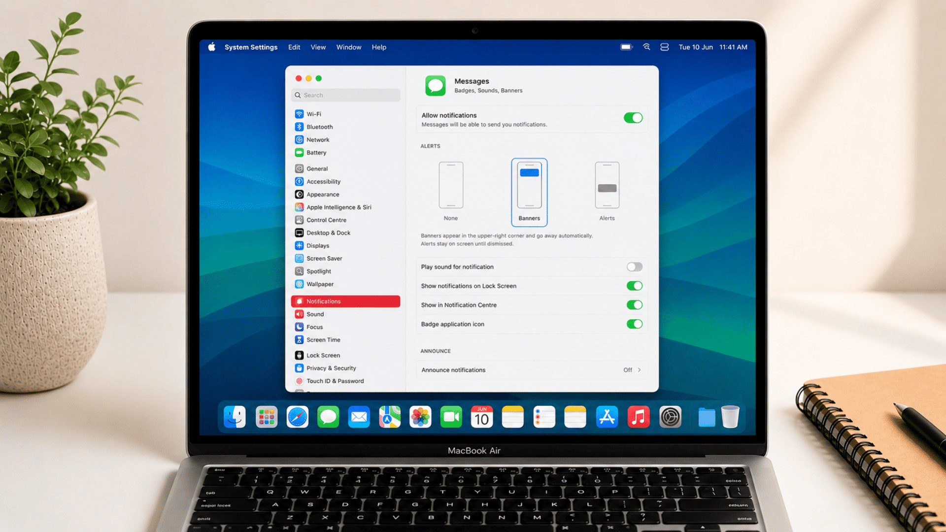 system settings notifications panel showing messages app with play sound for notification toggled off while other alerts stay on
