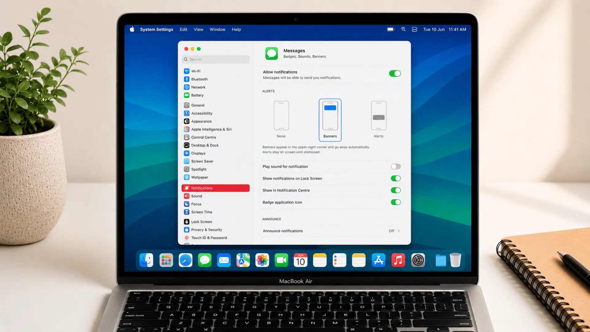 system settings notifications panel showing messages app with play sound for notification toggled off while other alerts stay on