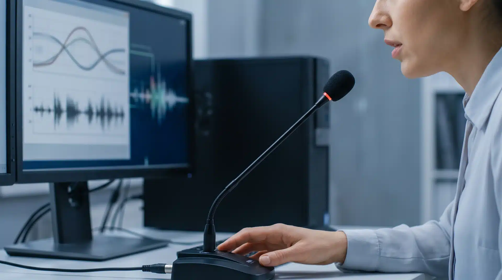 Voice biometrics verification setup with a microphone capturing speech for identity matching