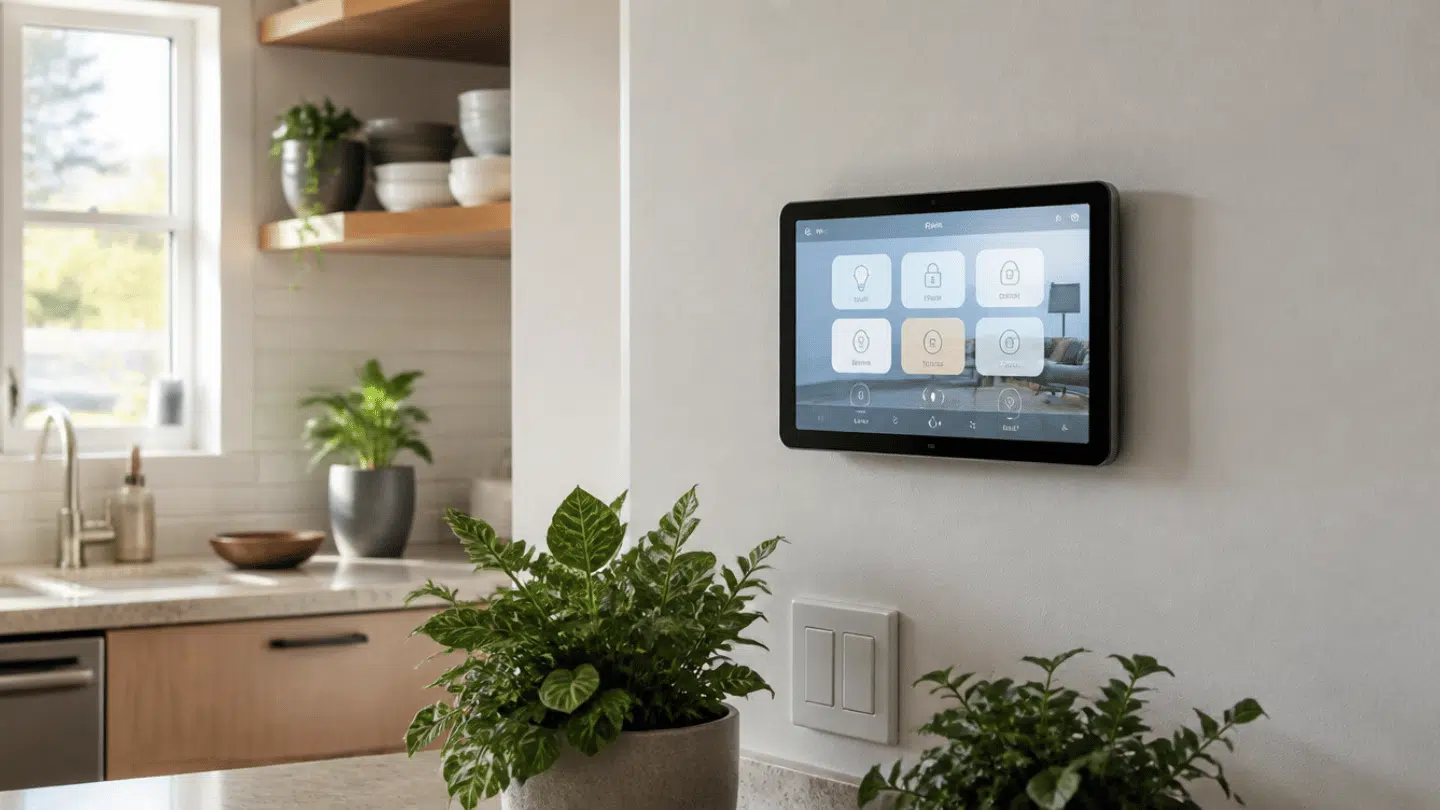 wall mounted family tablet in a bright kitchen with smart controls and natural home decor details