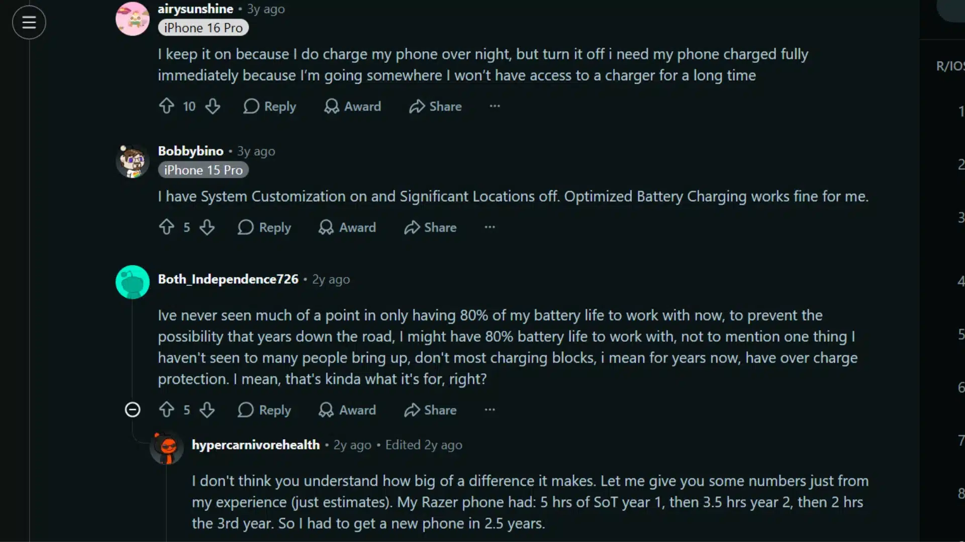 Reddit users discuss whether Optimized Battery Charging should stay enabled