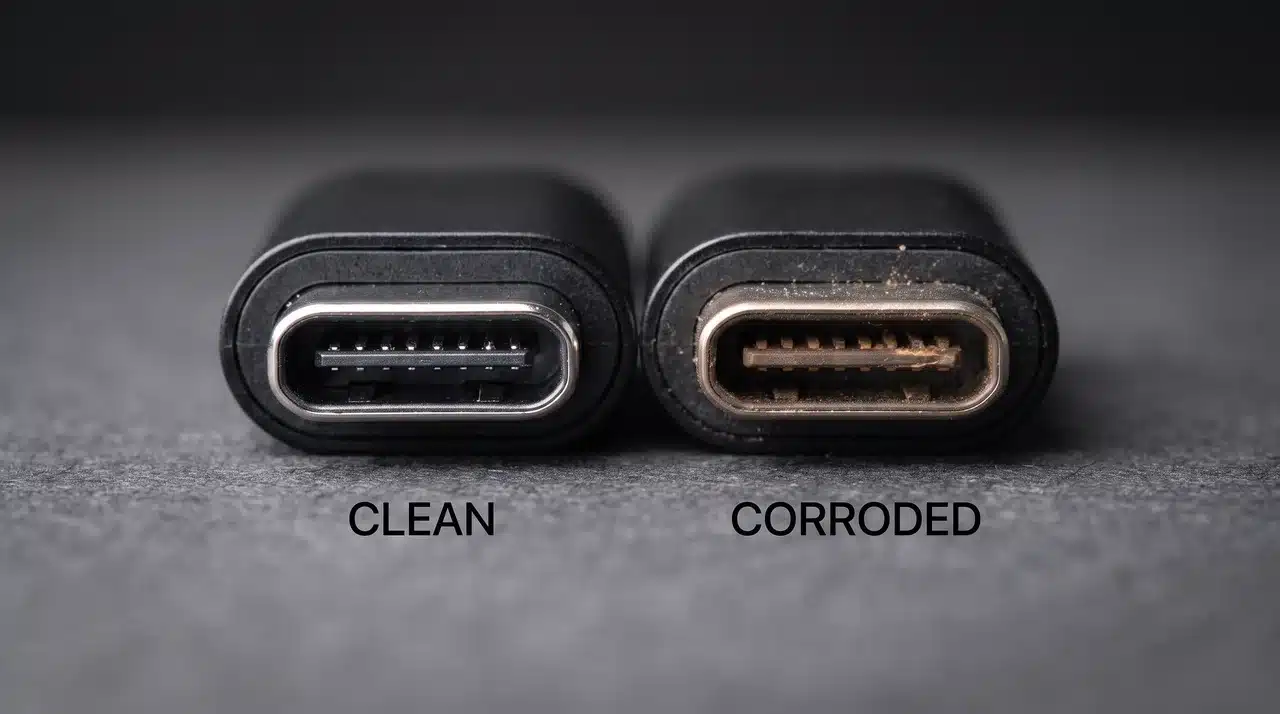 Side-by-side comparison of a clean charging port and one showing early corrosion buildup.