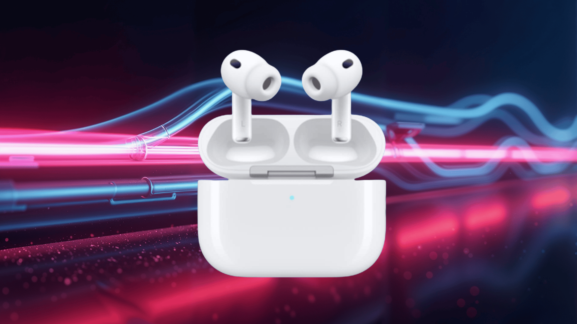 white airpods pro in an open charging case centered on a dark blue geometric technology background