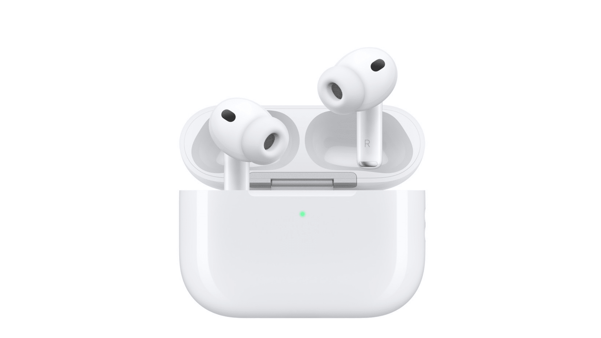 white airpods pro in an open charging case centered on a plain background