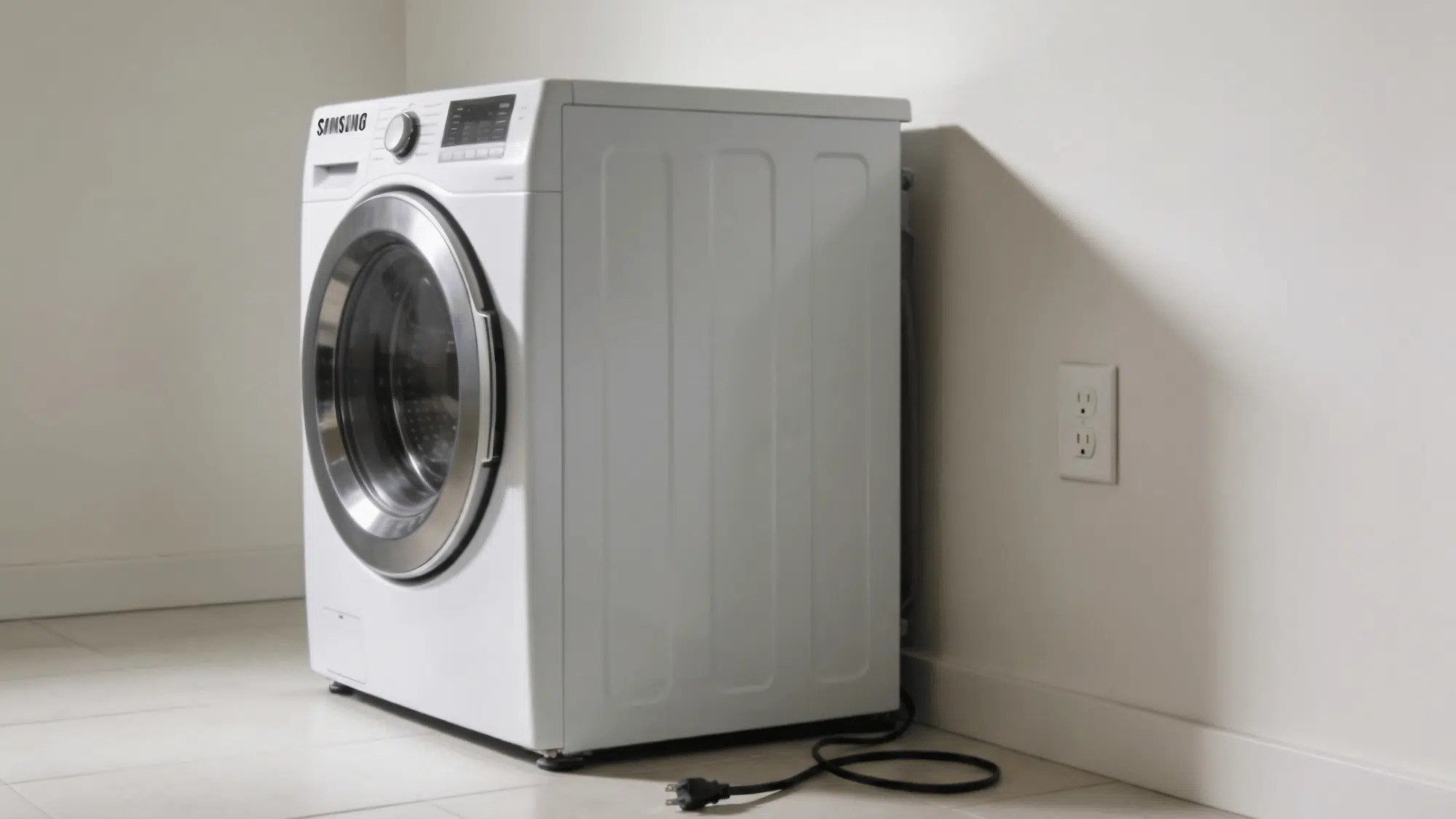 white dryer unplugged from wall outlet during appliance maintenance preparation