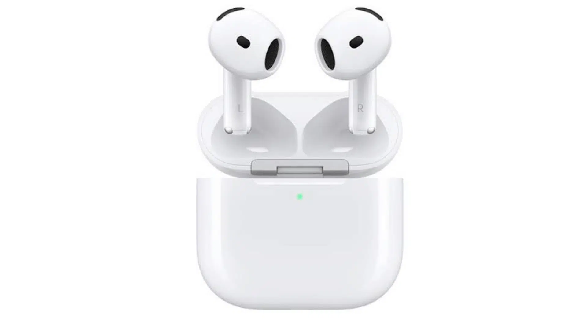 white standard airpods in an open charging case centered on a plain background