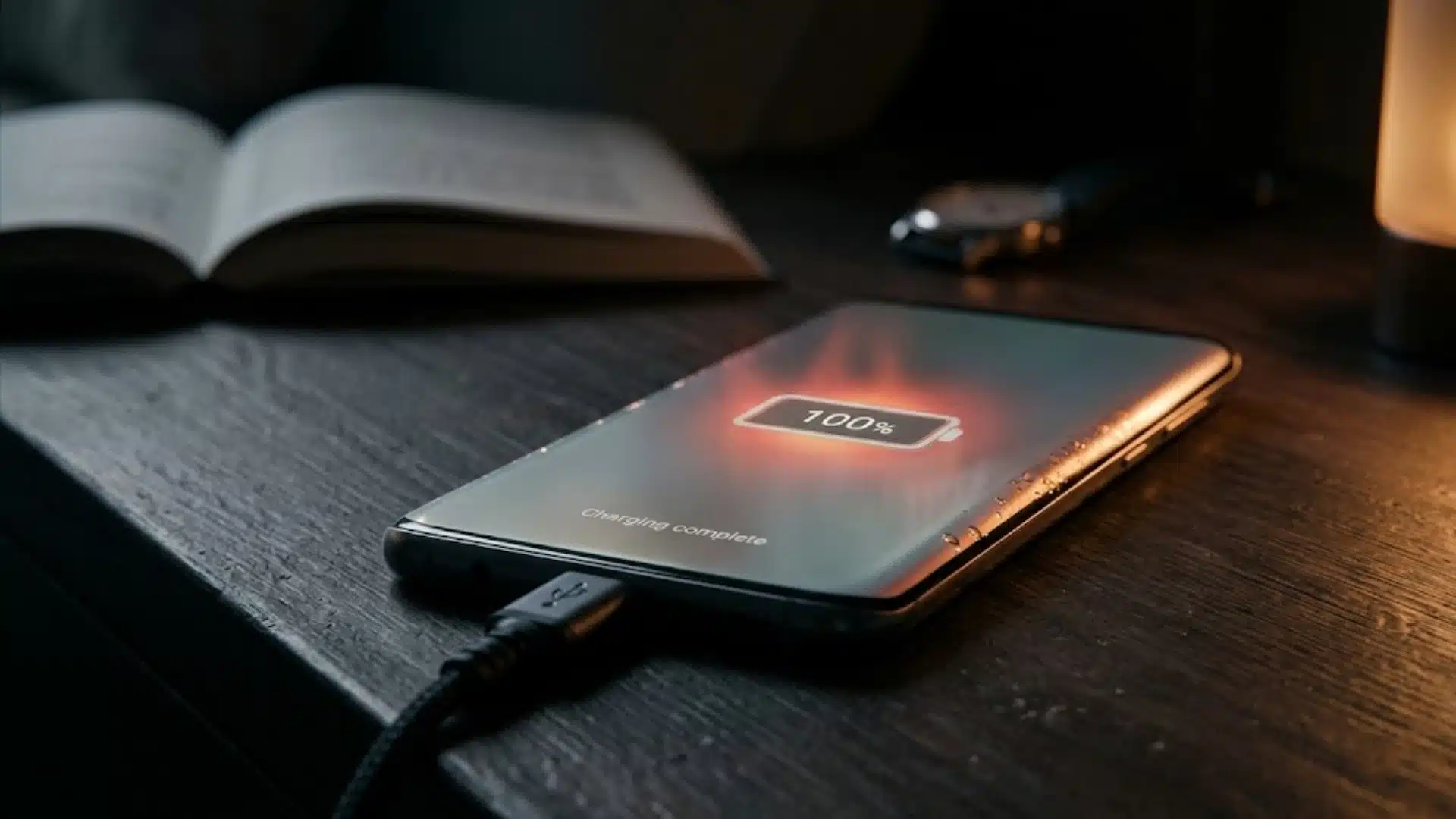 Smartphone charging overnight at 100 percent, illustrating the battery stress that causes long-term wear