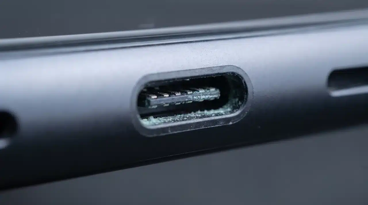 Macro view of corrosion inside a charging port causing a liquid detected warning to persist.