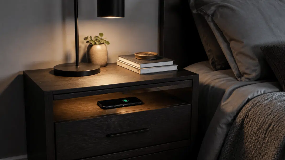 wireless charging setup on a wooden nightstand with phone and realistic bedroom decor details