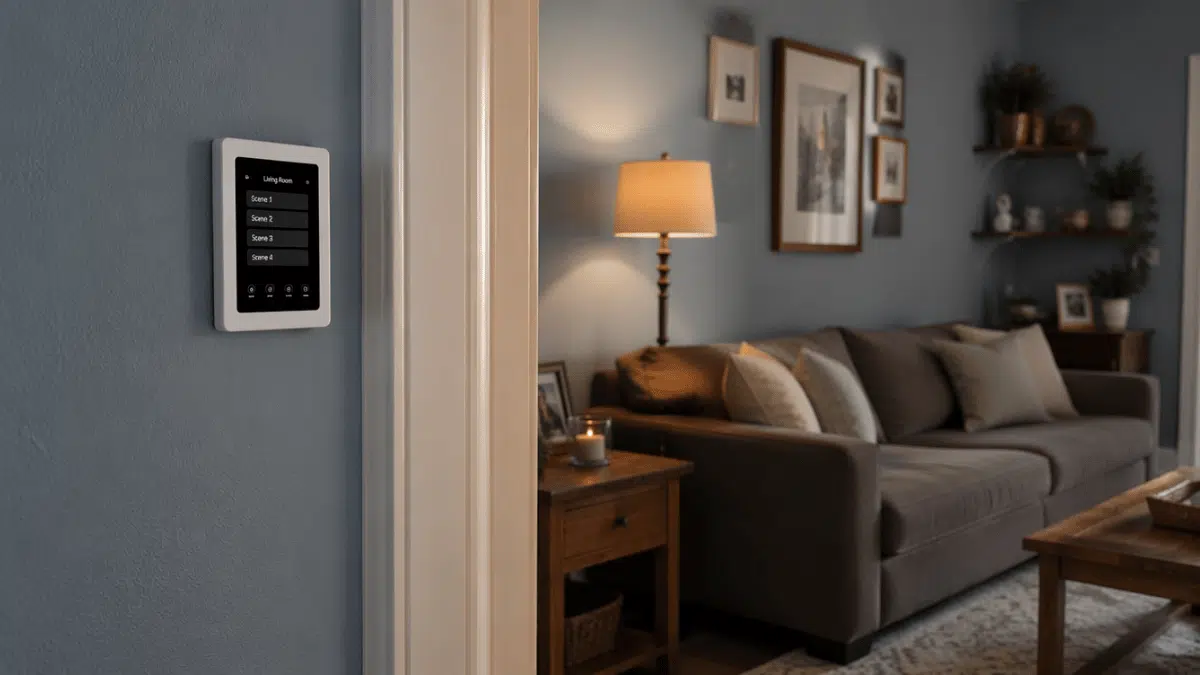 wireless scene controller mounted on a living room wall with smart lighting and home decor details