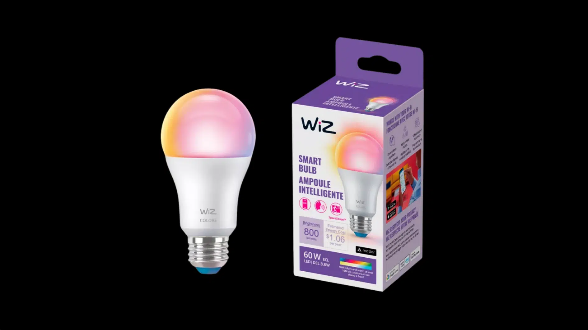 wiz color smart bulb beside its retail box, glowing pink and yellow with app and matter compatibility display.