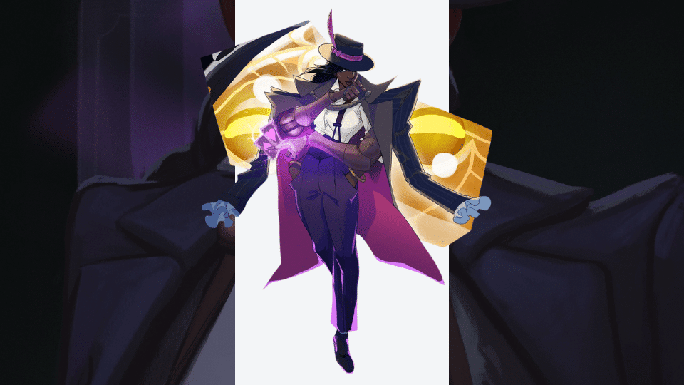 wraith d tier character from video game deadlock shown in a dynamic pose on dark blurred background