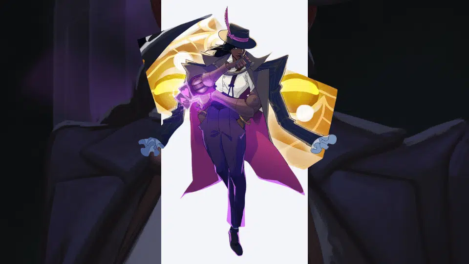 wraith d tier character from video game deadlock shown in a dynamic pose on dark blurred background