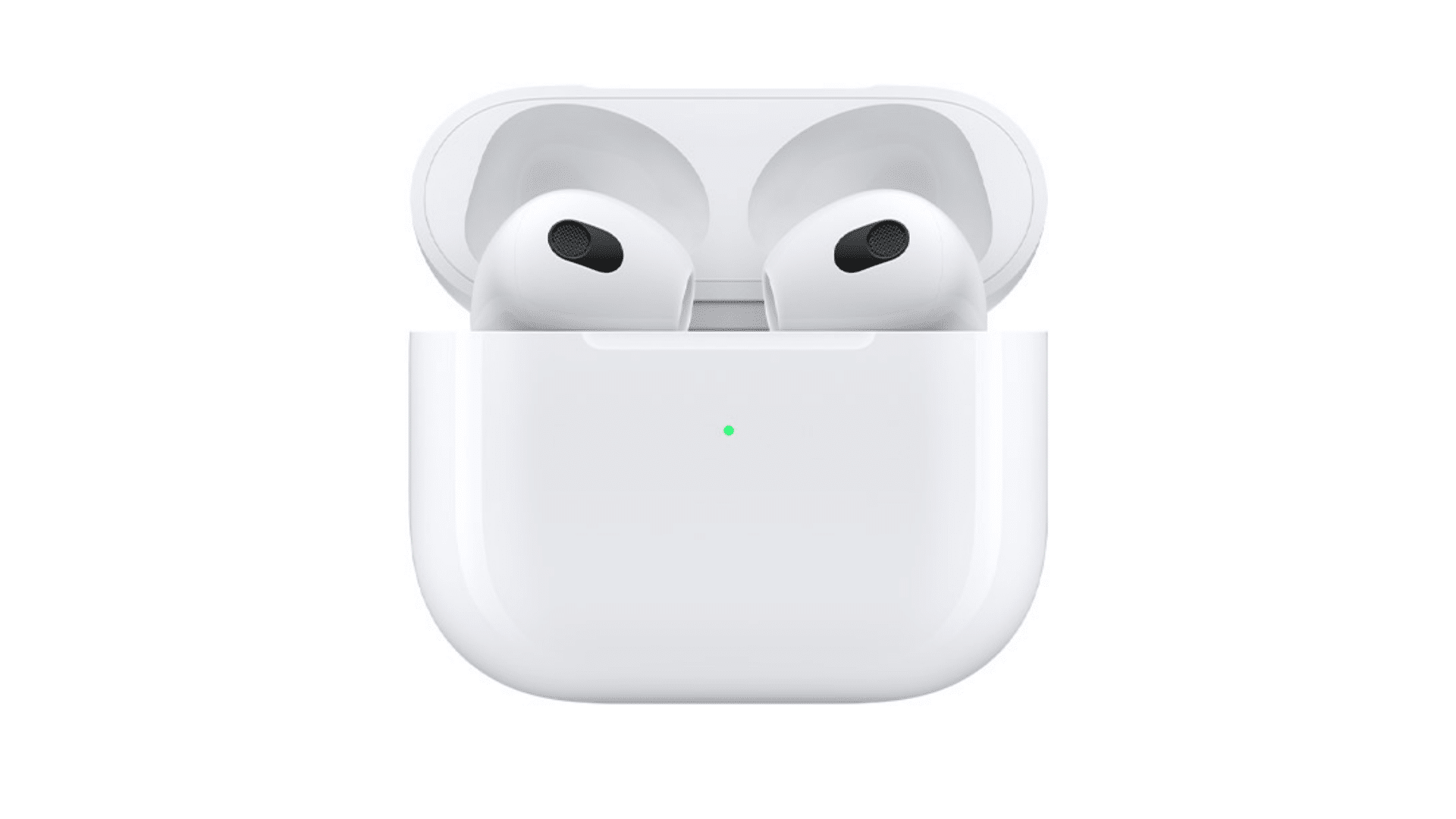 3rd generation apple airpods and charging case on a clean white background in a clear simple product display