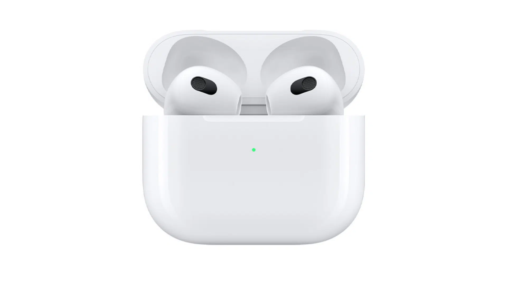 3rd generation apple airpods and charging case on a clean white background in a clear simple product display