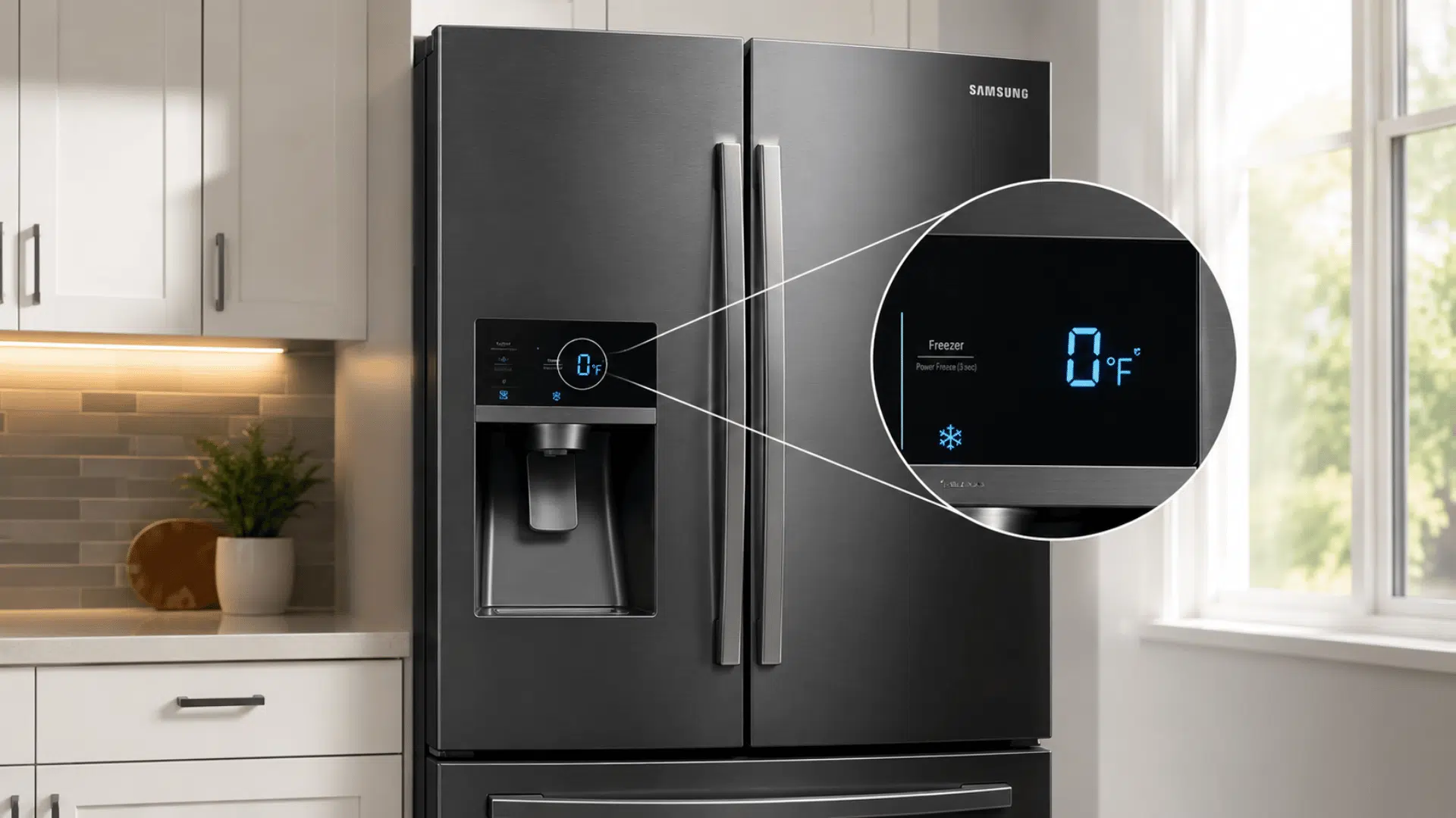 a black stainless steel samsung refrigerator displaying a magnified zero degrees fahrenheit reading on its door panel