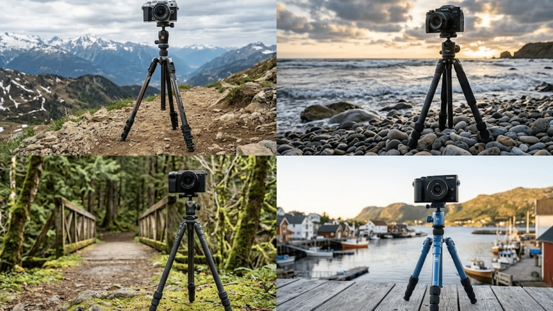 a collage of four travel tripods with cameras in scenic mountain, beach, forest, and harbor views