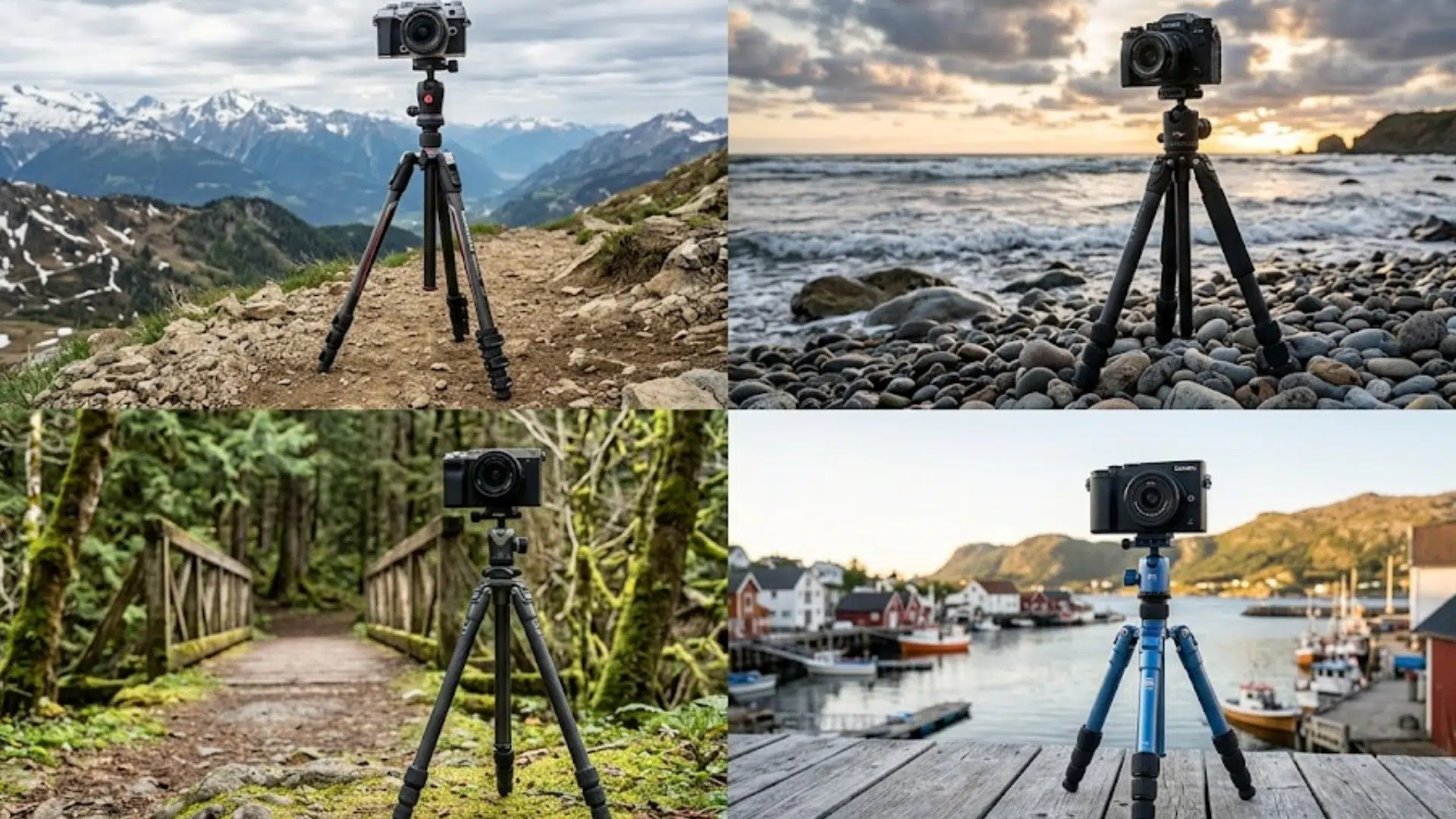 a collage of four travel tripods with cameras in scenic mountain, beach, forest, and harbor views