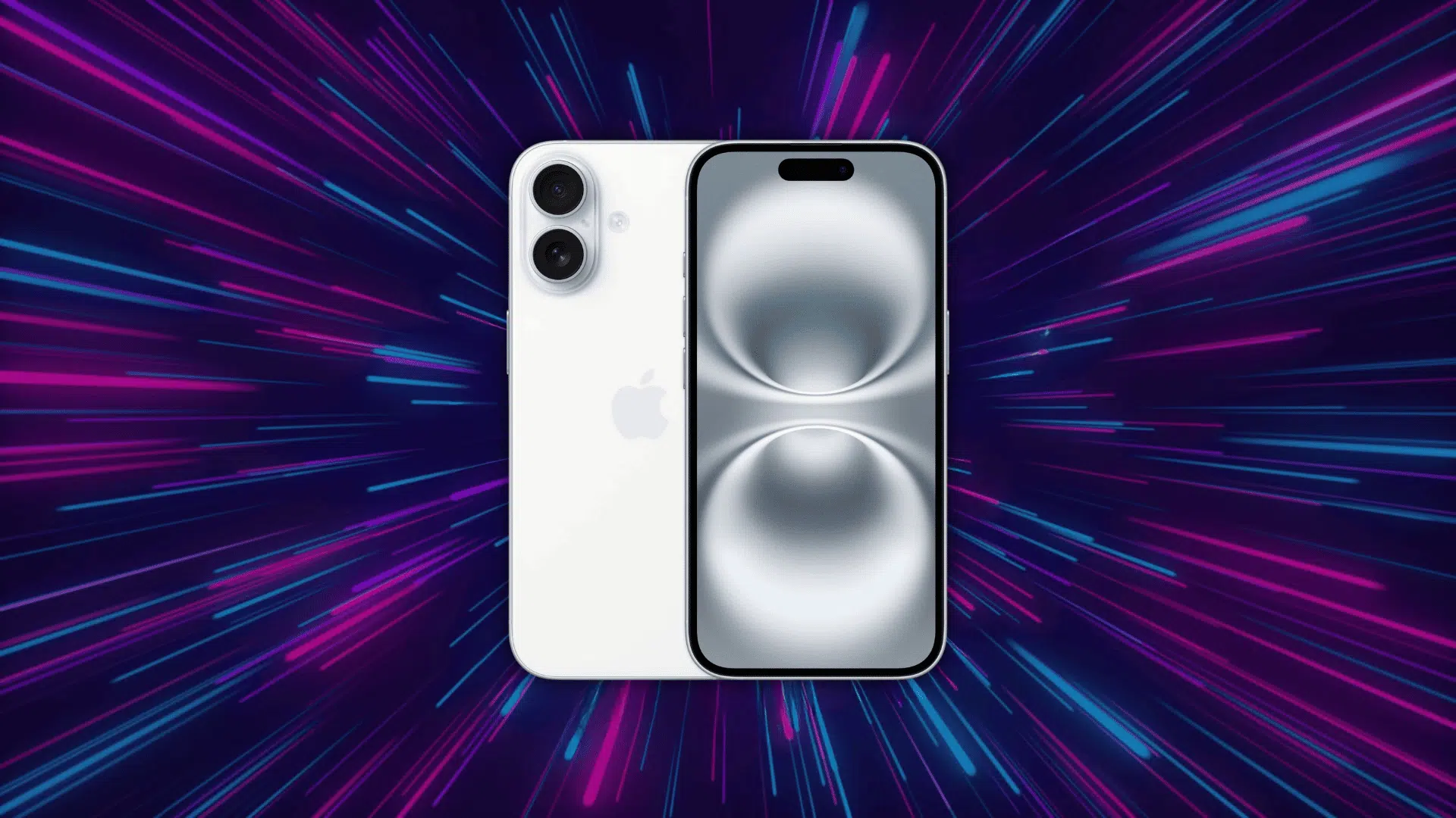 a iphone 16 displayed on glowing neon background with bright reflections and a sleek modern product view closeup